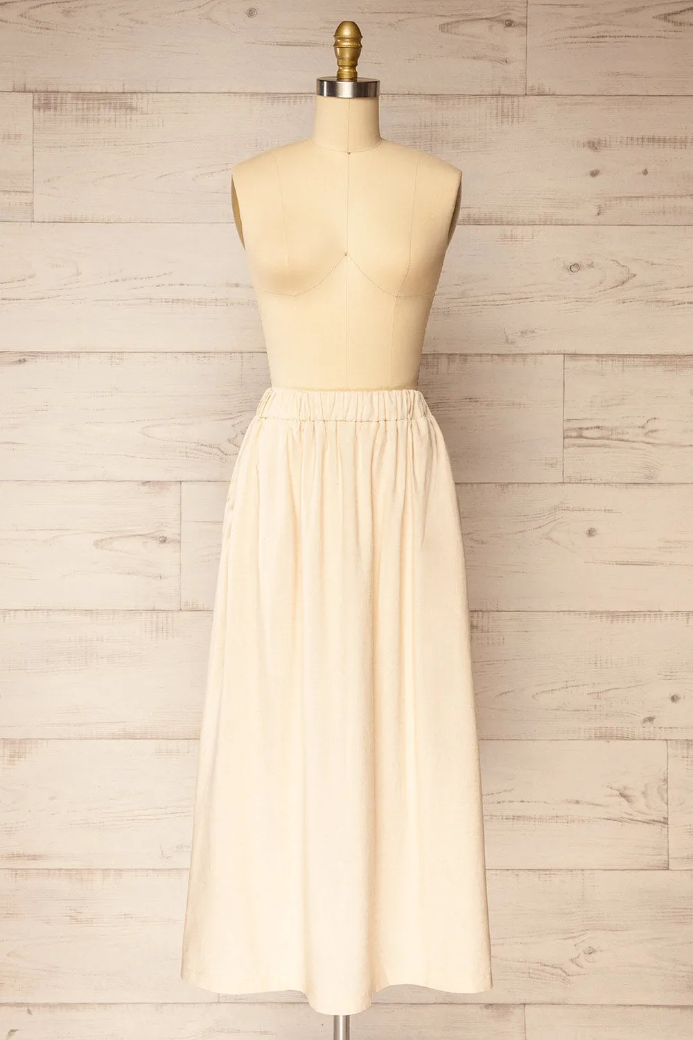 Cyriel | Beige Linen Midi Skirt w/ Pockets