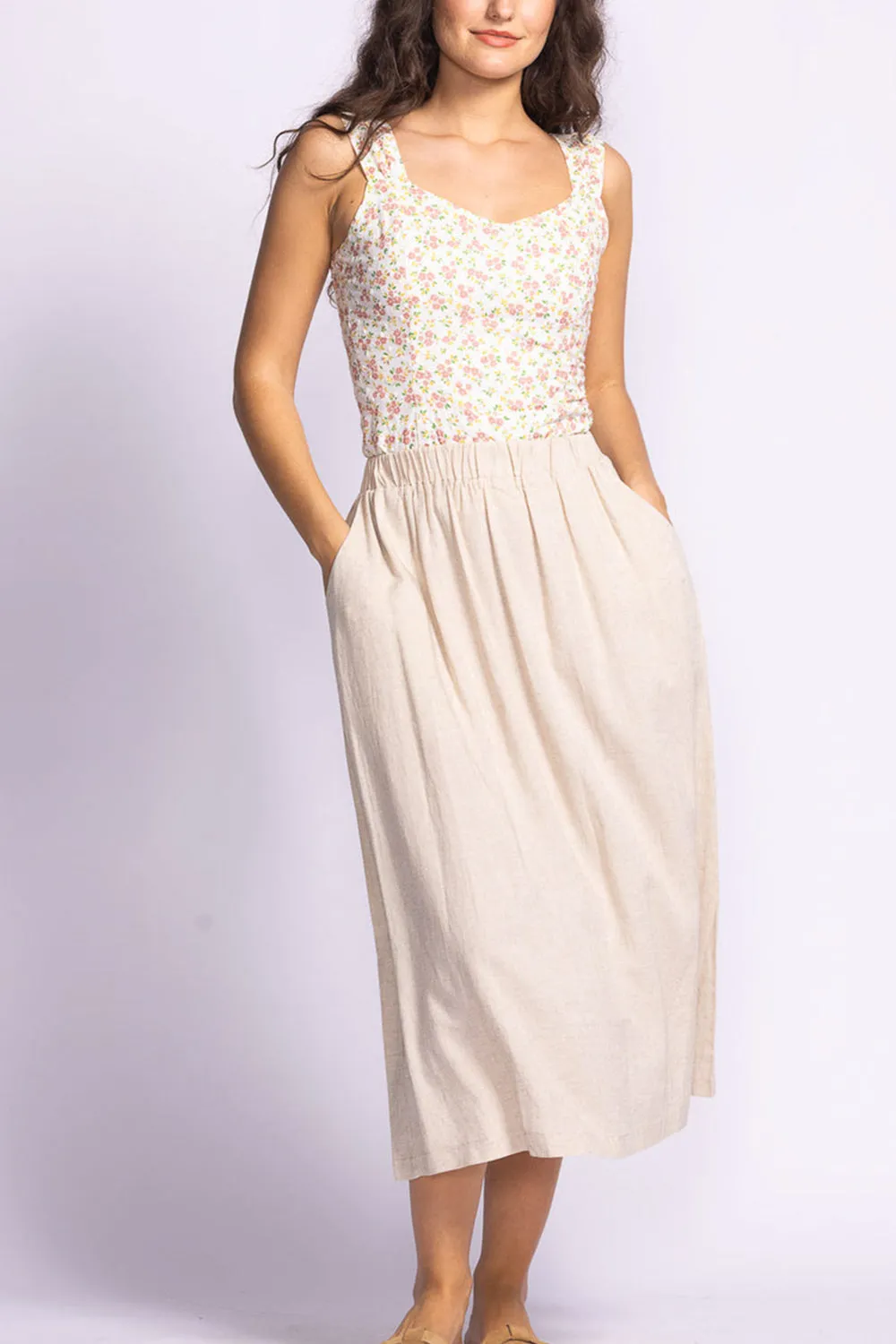 Cyriel | Beige Linen Midi Skirt w/ Pockets