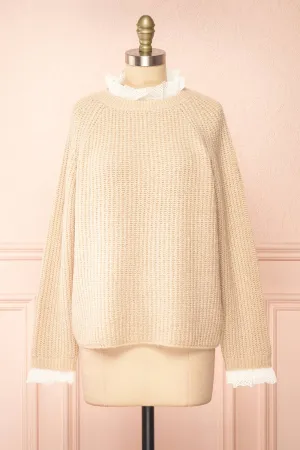 Eliona Beige | Knit Sweater w/ Embroidered Openwork Collar