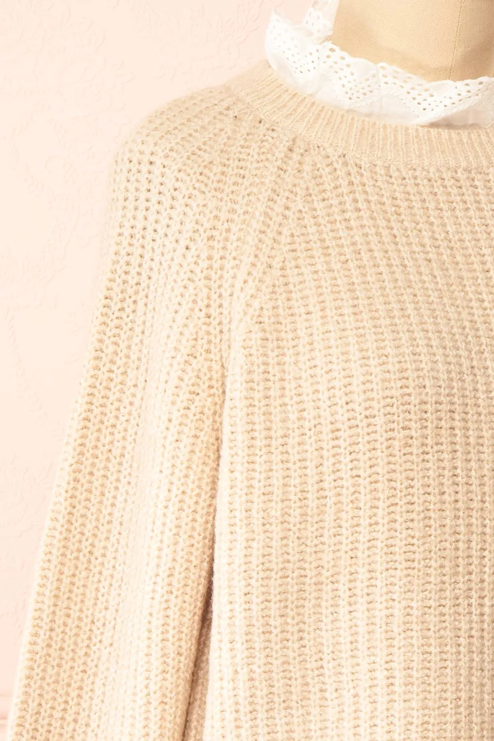 Eliona Beige | Knit Sweater w/ Embroidered Openwork Collar