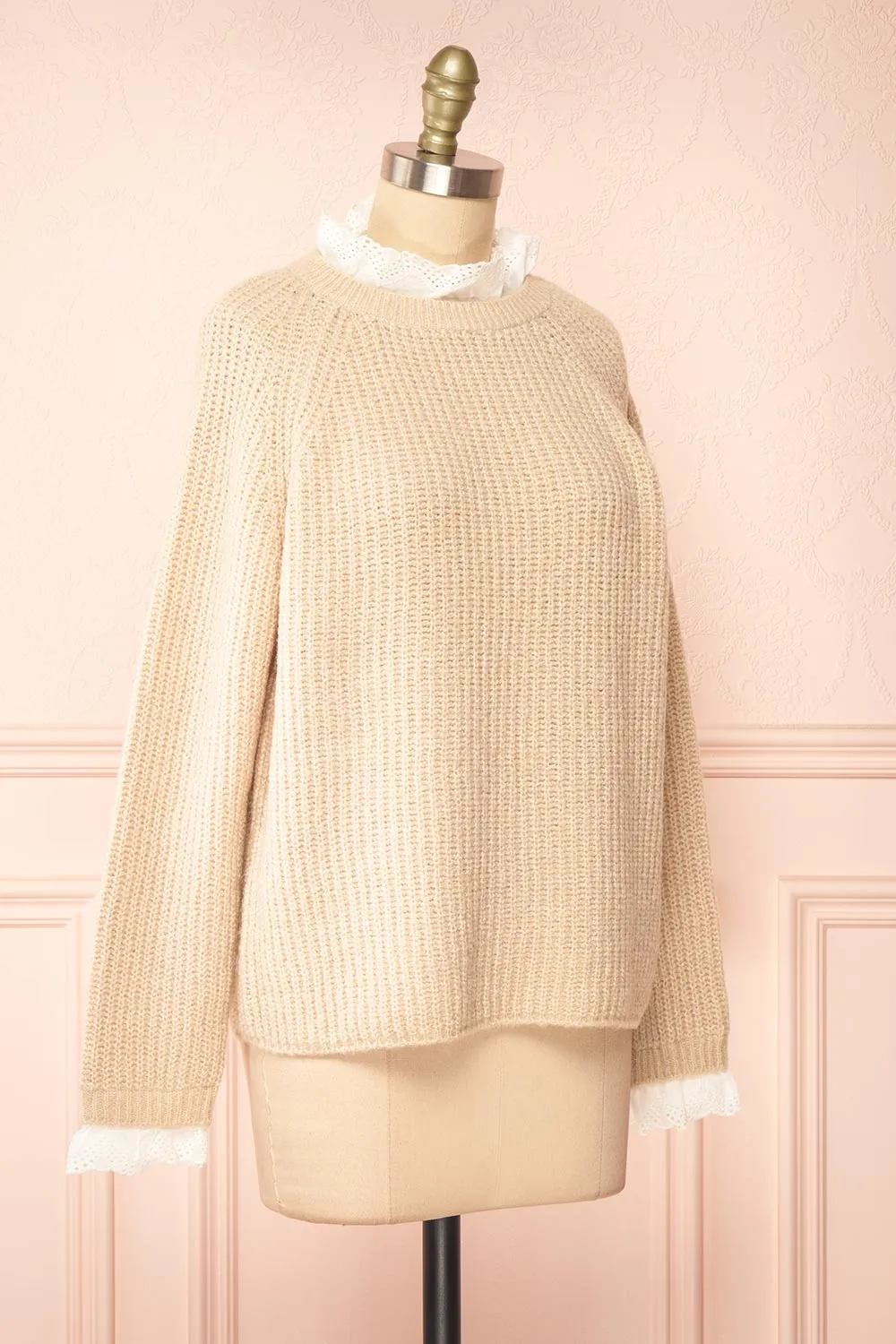 Eliona Beige | Knit Sweater w/ Embroidered Openwork Collar