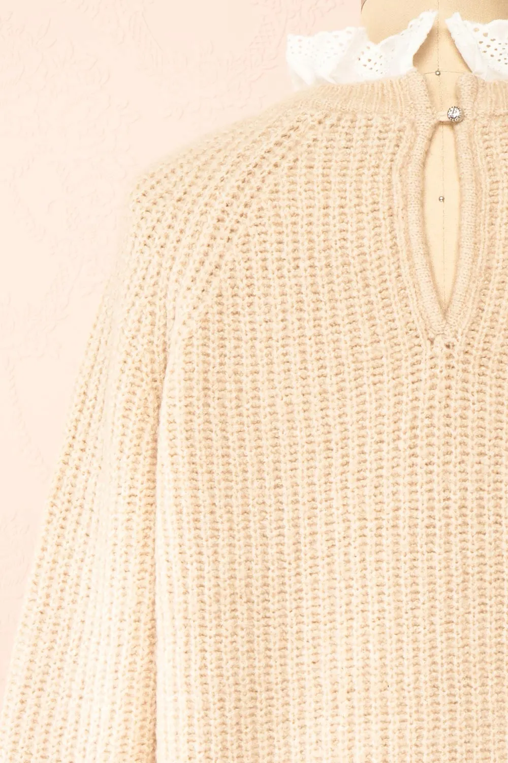 Eliona Beige | Knit Sweater w/ Embroidered Openwork Collar