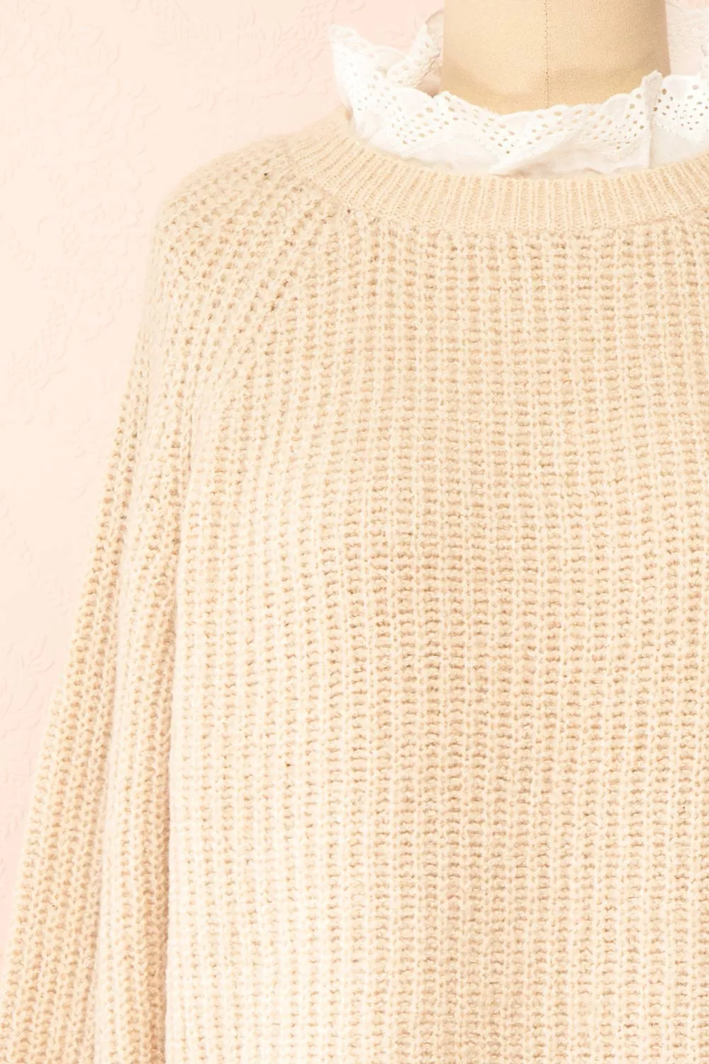 Eliona Beige | Knit Sweater w/ Embroidered Openwork Collar