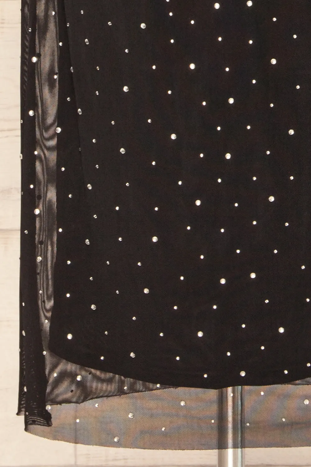 Ensenada | Black Fitted Ruched Midi Dress w/ Crystals