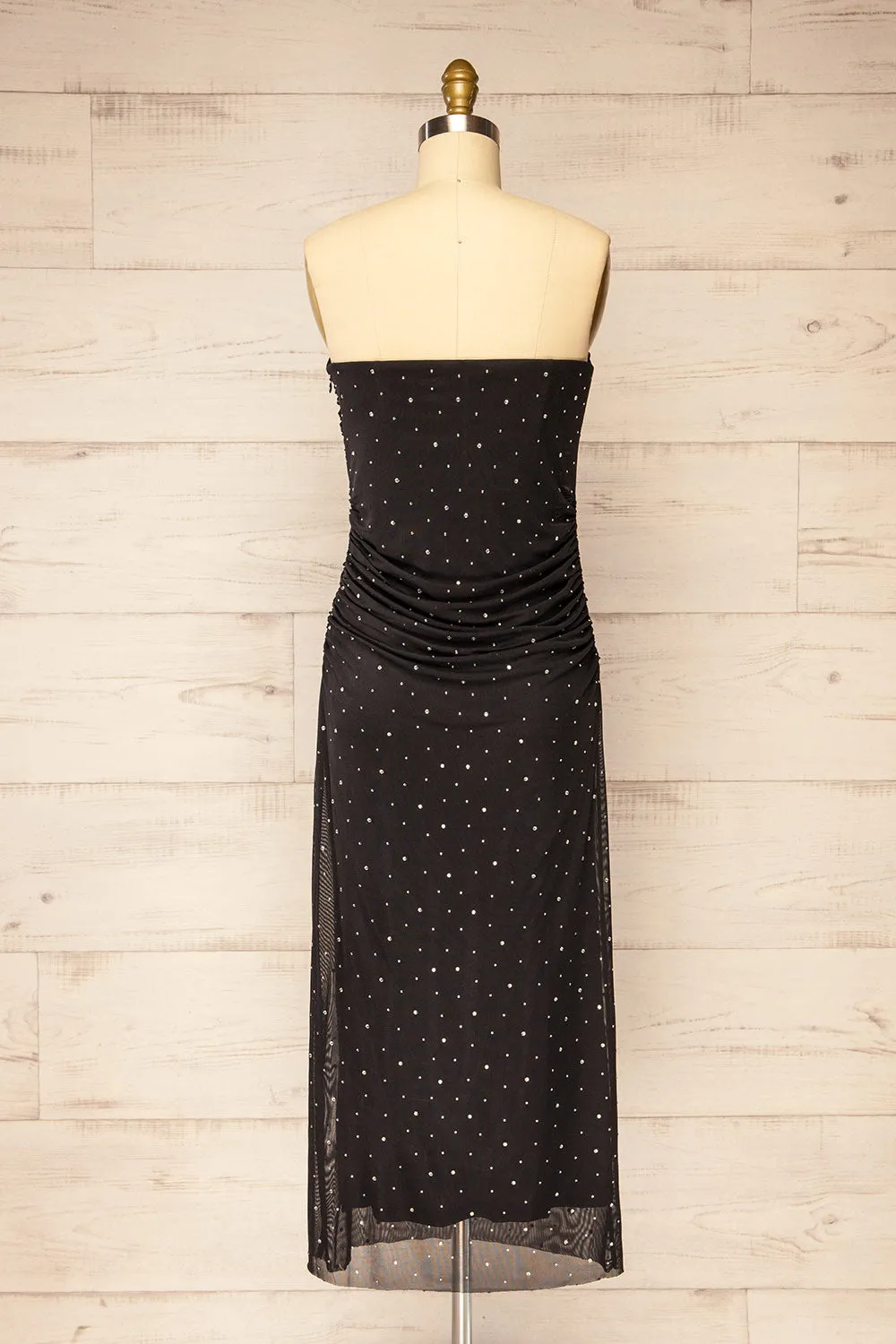 Ensenada | Black Fitted Ruched Midi Dress w/ Crystals