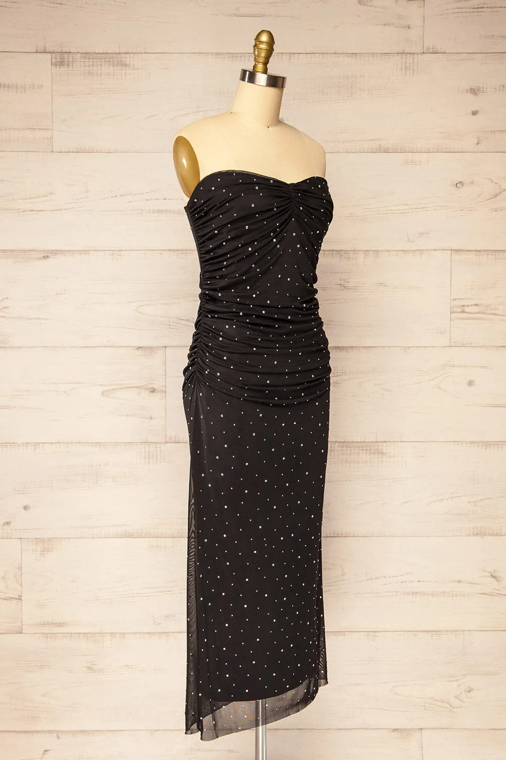 Ensenada | Black Fitted Ruched Midi Dress w/ Crystals