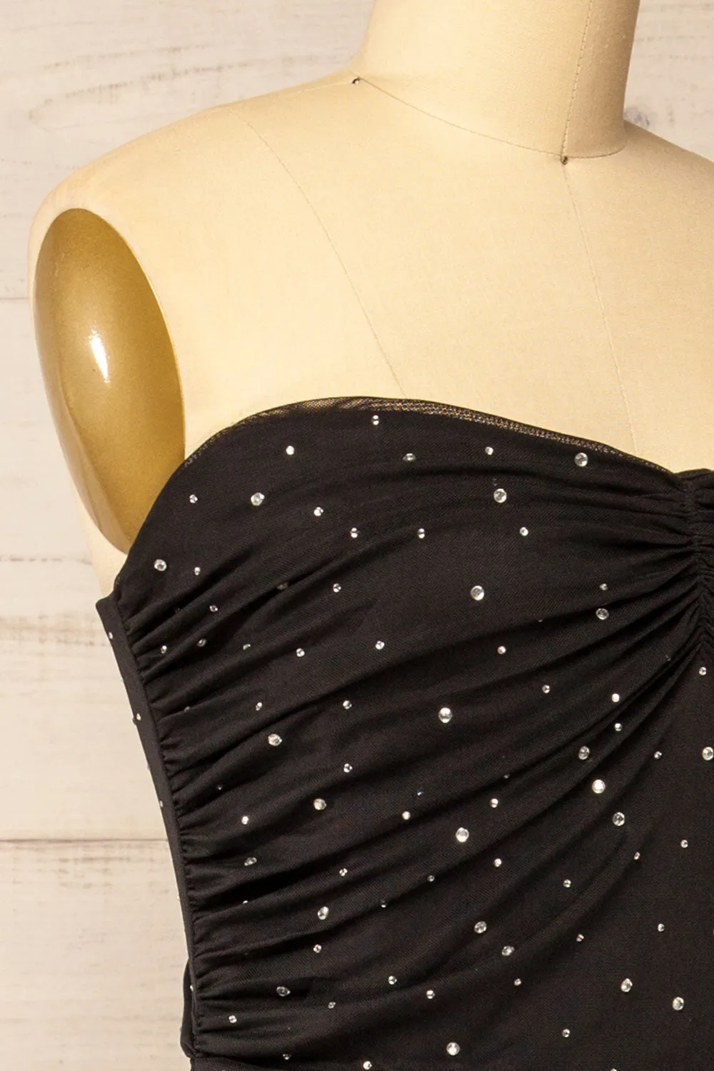 Ensenada | Black Fitted Ruched Midi Dress w/ Crystals