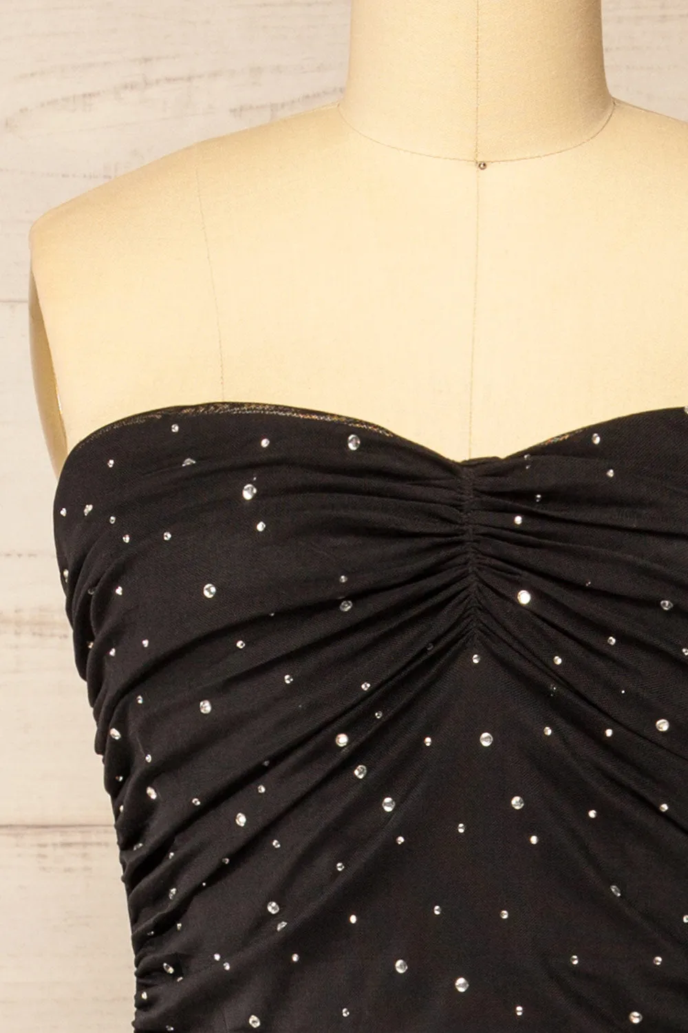 Ensenada | Black Fitted Ruched Midi Dress w/ Crystals
