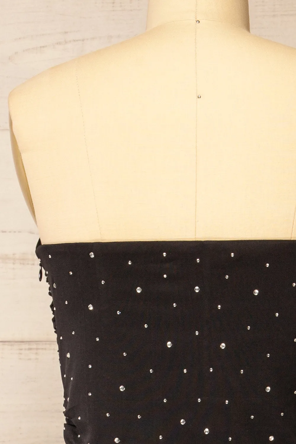 Ensenada | Black Fitted Ruched Midi Dress w/ Crystals