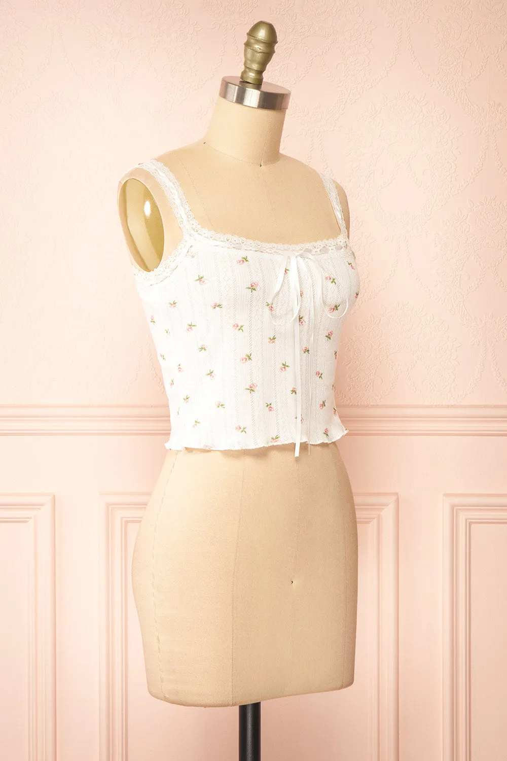 Estrella | White Floral Tank Top w/ Lace