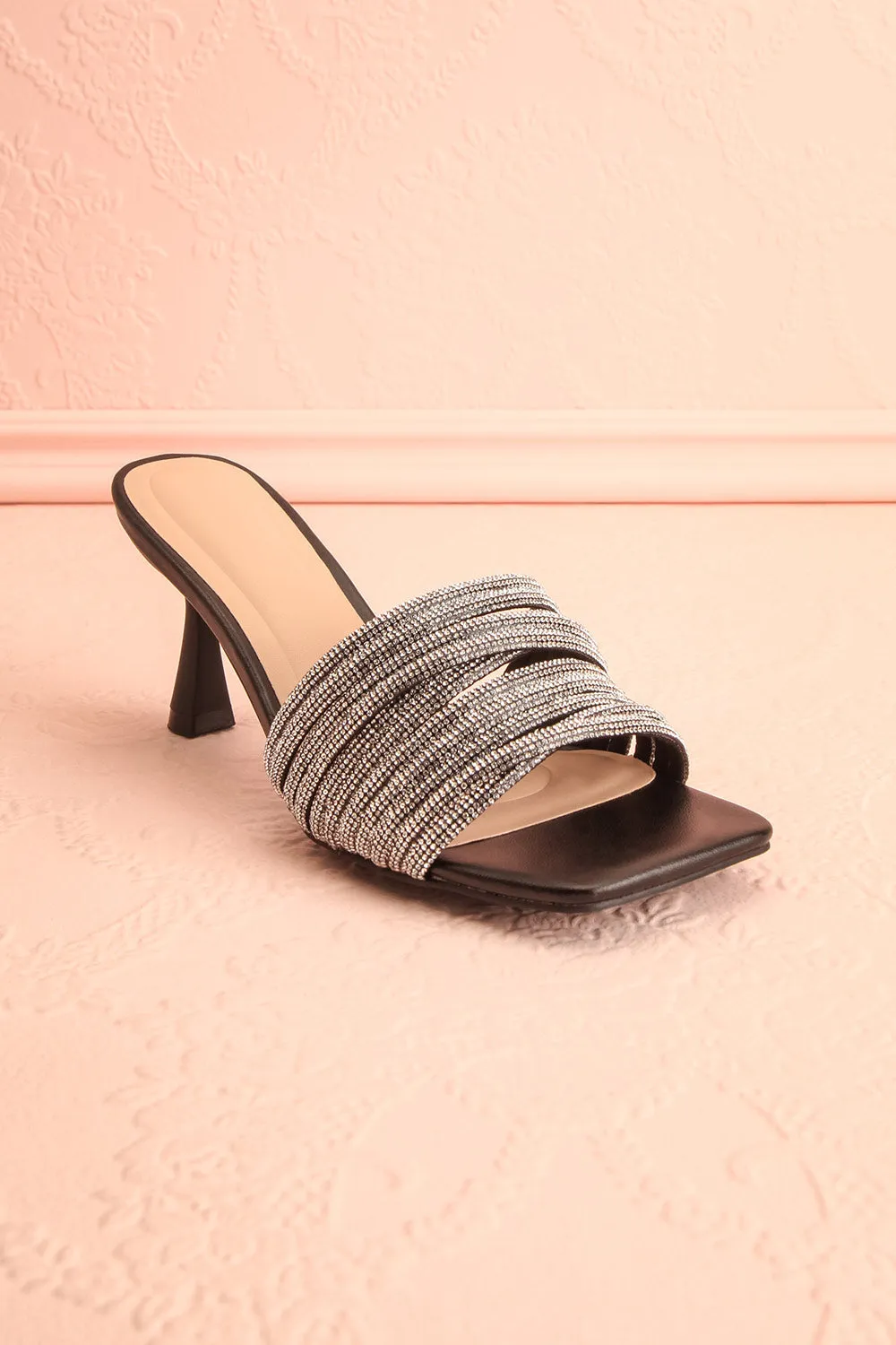 Euthenia Black | Heeled Sandals w/ Rhinestone Straps