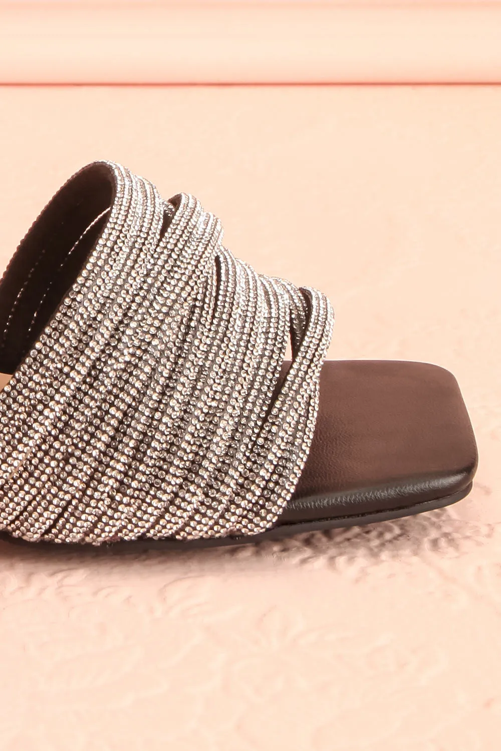 Euthenia Black | Heeled Sandals w/ Rhinestone Straps