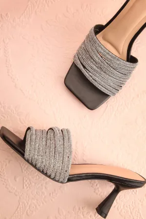 Euthenia Black | Heeled Sandals w/ Rhinestone Straps