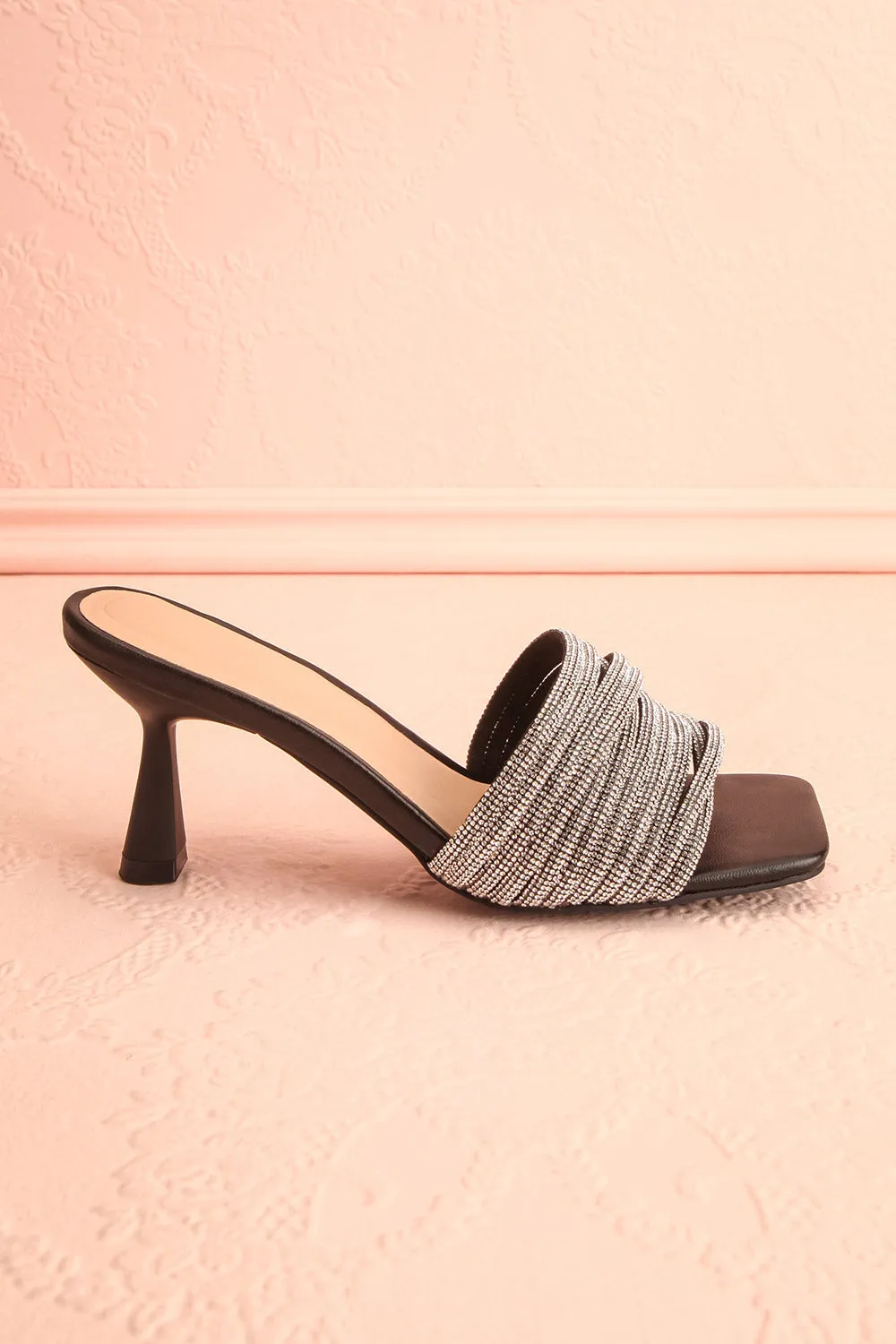 Euthenia Black | Heeled Sandals w/ Rhinestone Straps