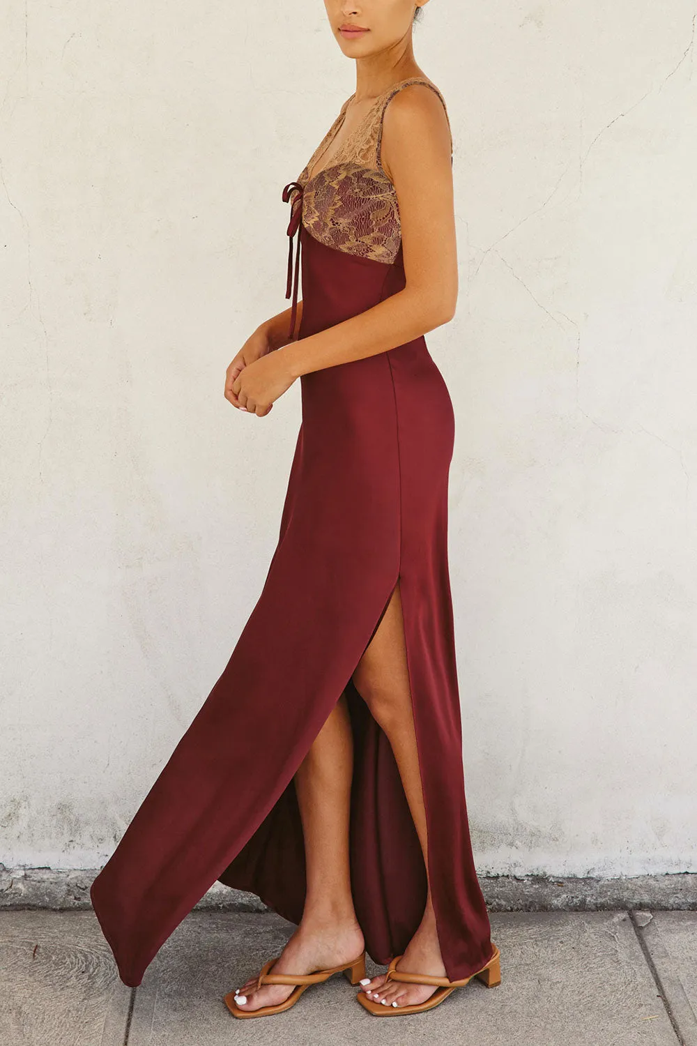 Evara Burgundy | Maxi Satin Slip Dress w/ Lace