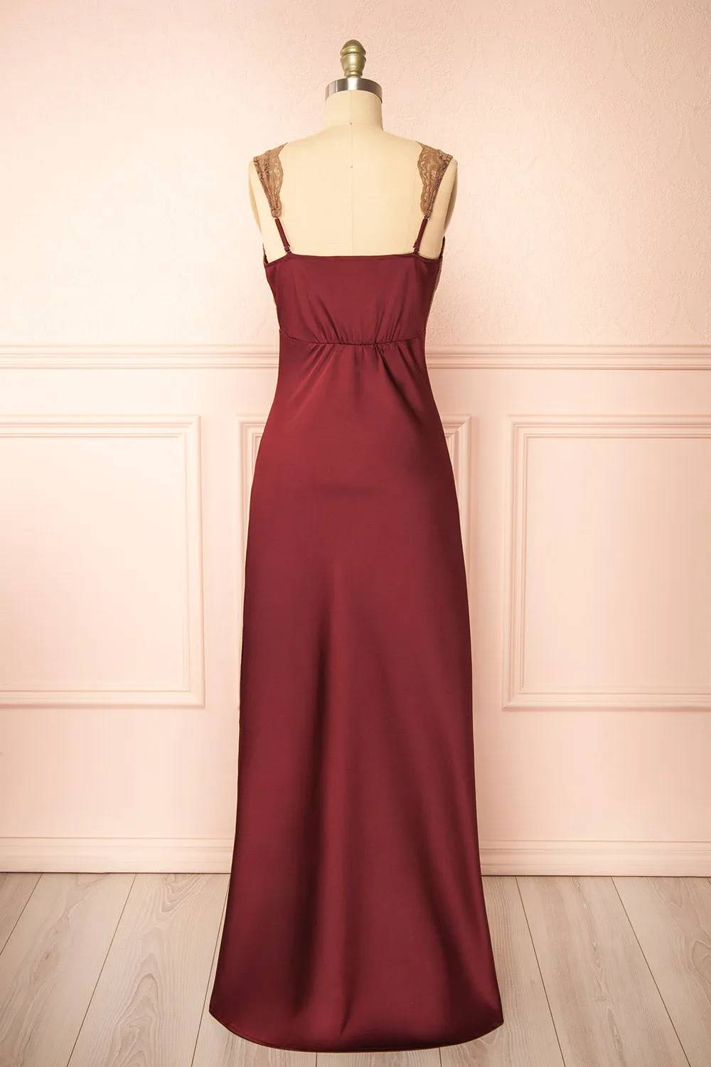 Evara Burgundy | Maxi Satin Slip Dress w/ Lace