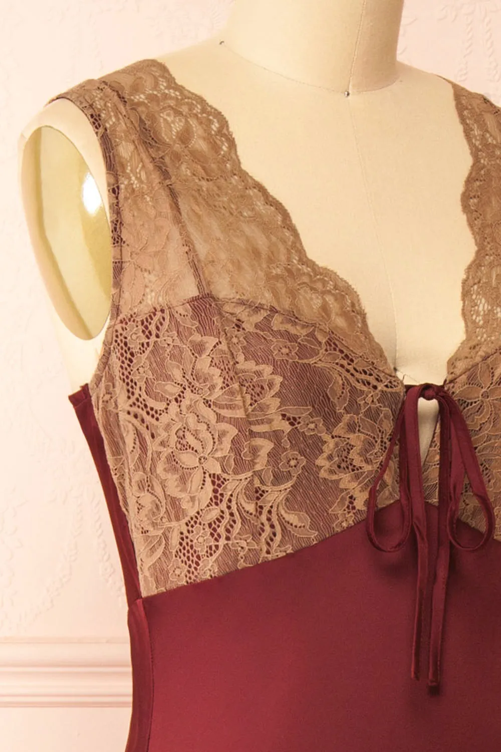 Evara Burgundy | Maxi Satin Slip Dress w/ Lace