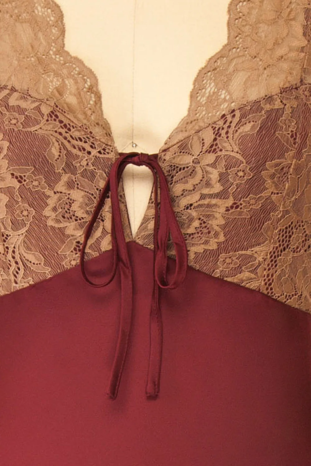 Evara Burgundy | Maxi Satin Slip Dress w/ Lace