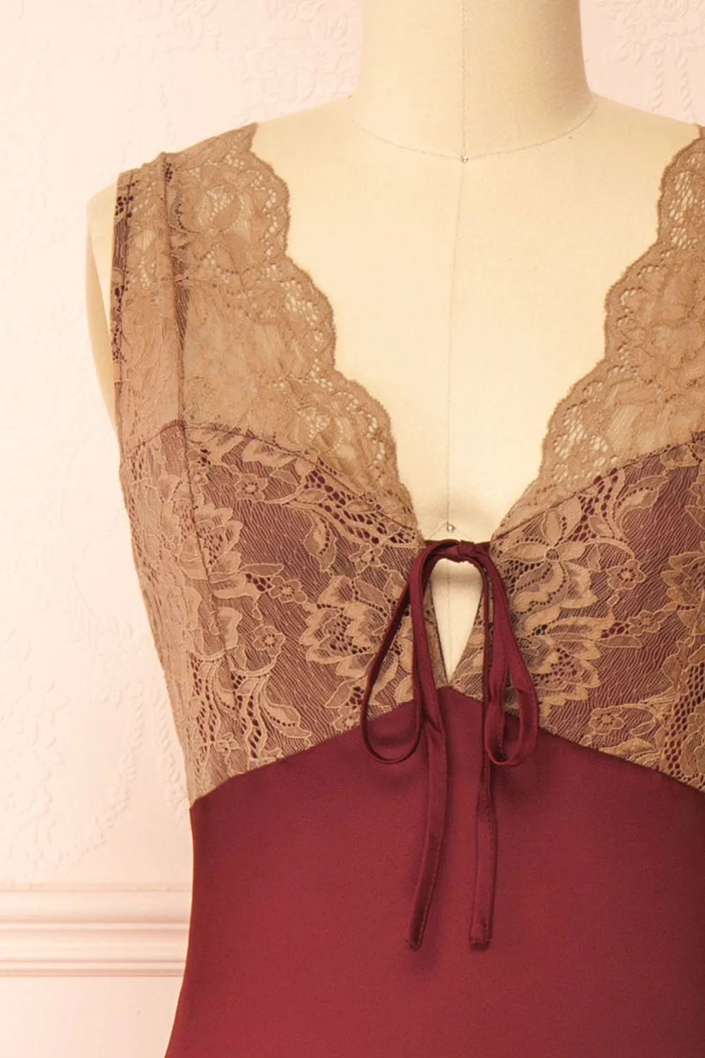 Evara Burgundy | Maxi Satin Slip Dress w/ Lace