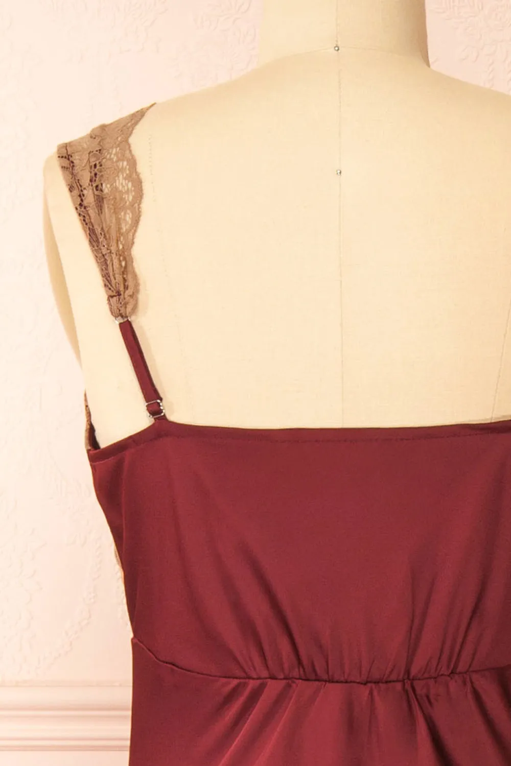 Evara Burgundy | Maxi Satin Slip Dress w/ Lace