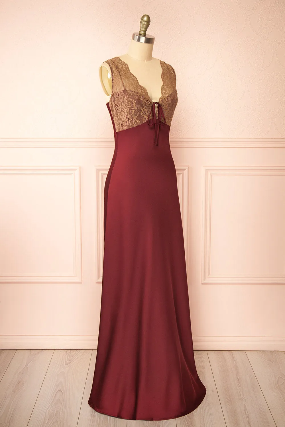 Evara Burgundy | Maxi Satin Slip Dress w/ Lace