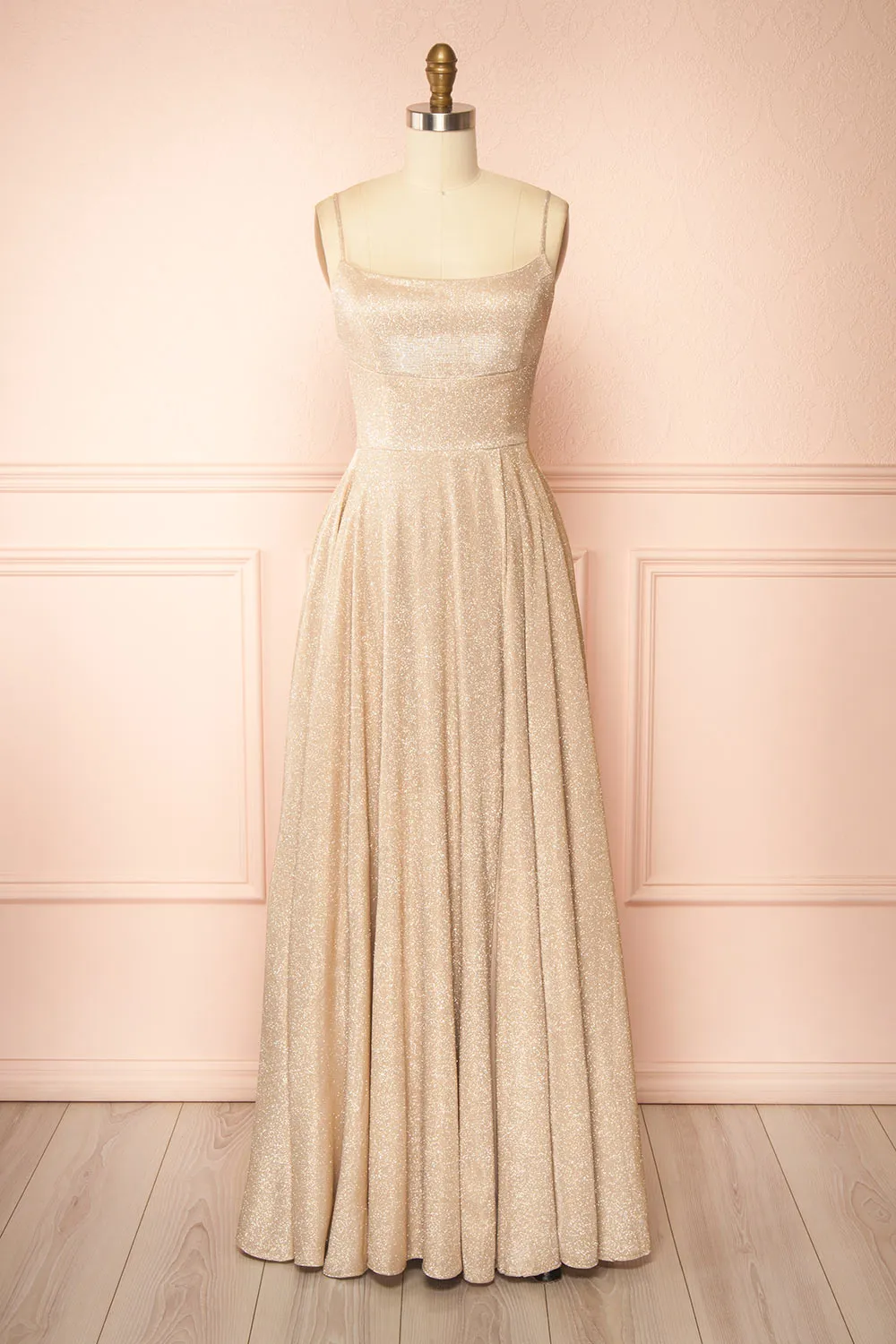 Fadia Champagne | Sparkly Maxi Dress w/ Slit and Pockets