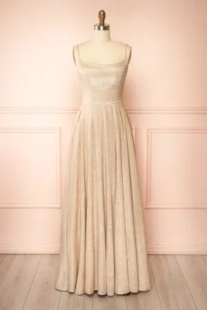 Fadia Champagne | Sparkly Maxi Dress w/ Slit and Pockets