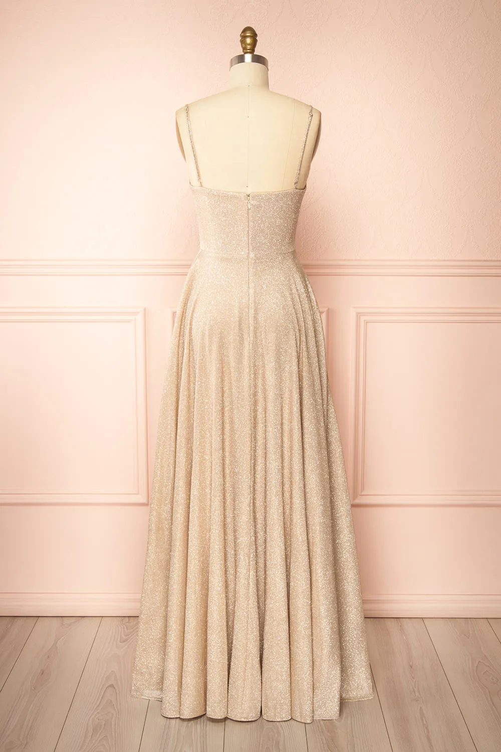 Fadia Champagne | Sparkly Maxi Dress w/ Slit and Pockets