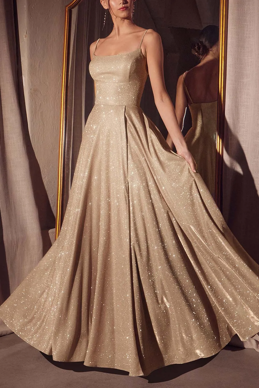 Fadia Champagne | Sparkly Maxi Dress w/ Slit and Pockets
