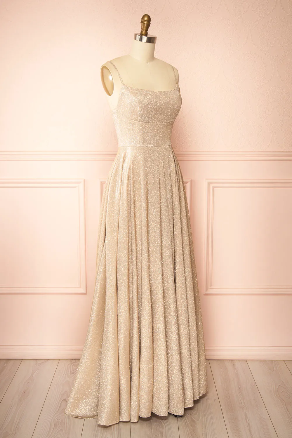 Fadia Champagne | Sparkly Maxi Dress w/ Slit and Pockets