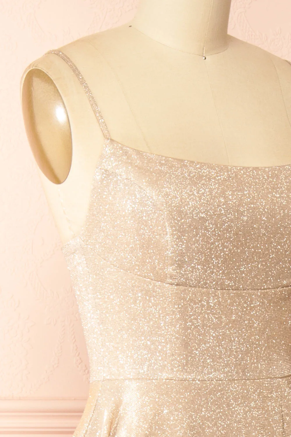 Fadia Champagne | Sparkly Maxi Dress w/ Slit and Pockets