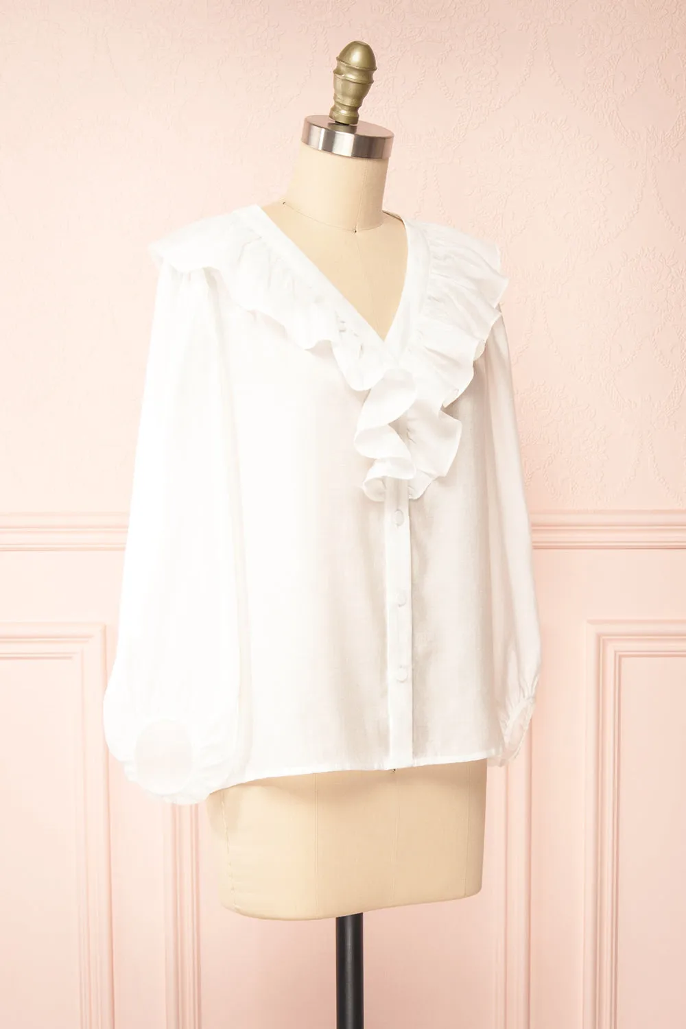 Felicie White | Long Sleeve Blouse w/ Ruffle Collar