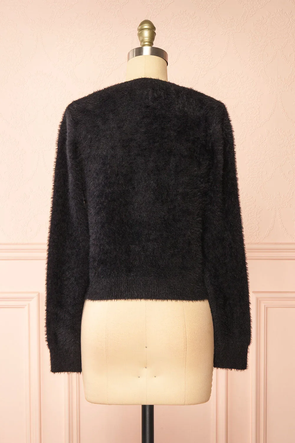 Fitia | Fuzzy Black Cardigan w/ Crystal Bows