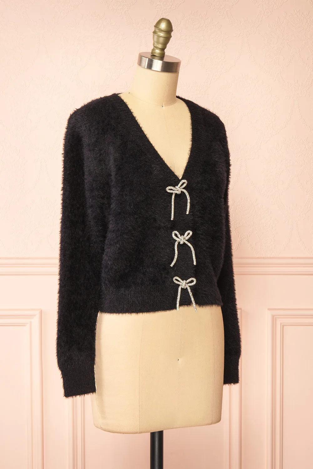 Fitia | Fuzzy Black Cardigan w/ Crystal Bows