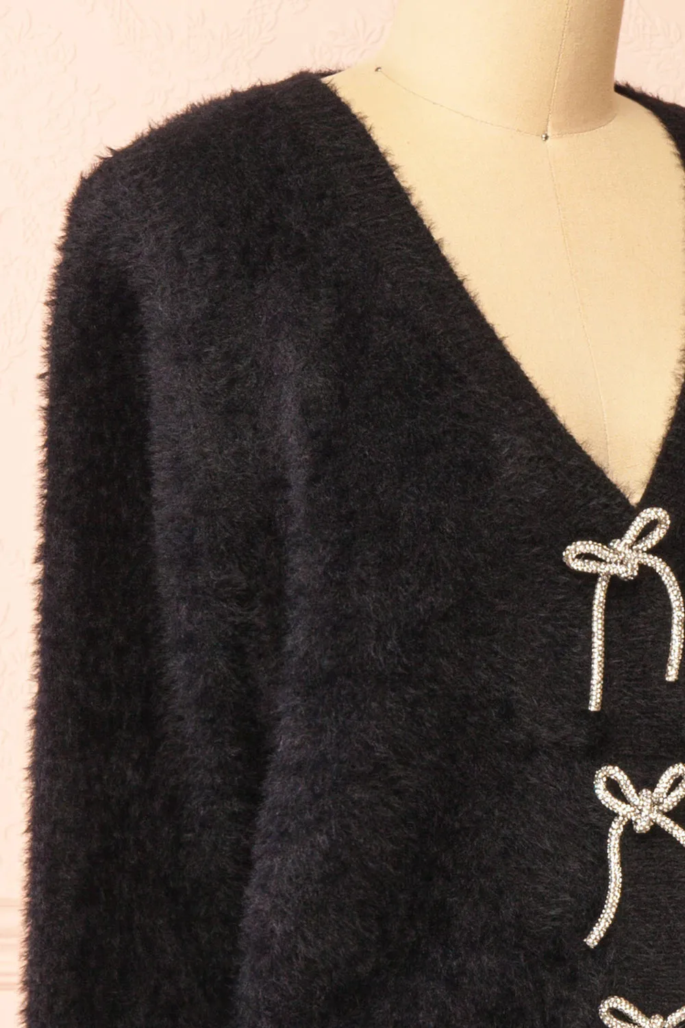 Fitia | Fuzzy Black Cardigan w/ Crystal Bows