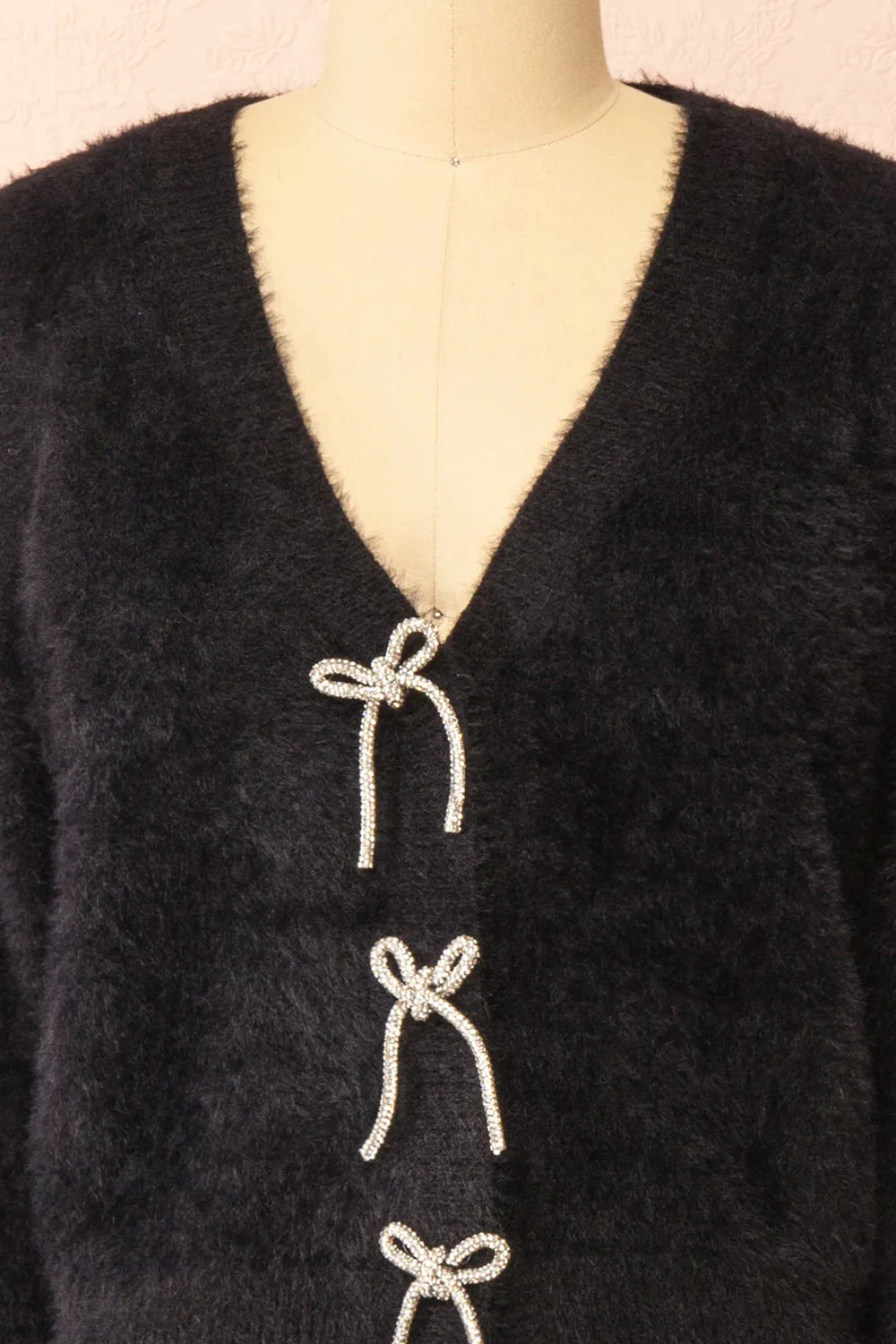 Fitia | Fuzzy Black Cardigan w/ Crystal Bows