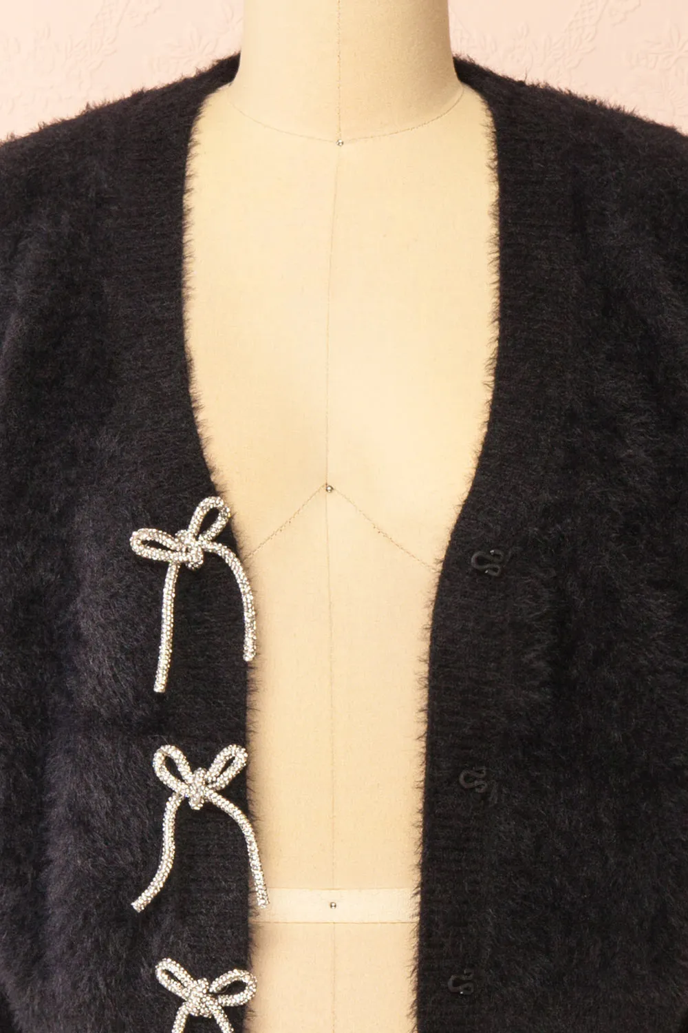 Fitia | Fuzzy Black Cardigan w/ Crystal Bows