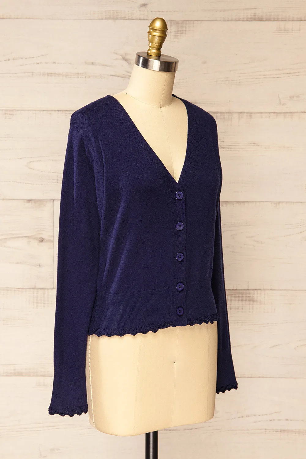 Fortingal | Navy Blue Cardigan w/ Scalloped Hem