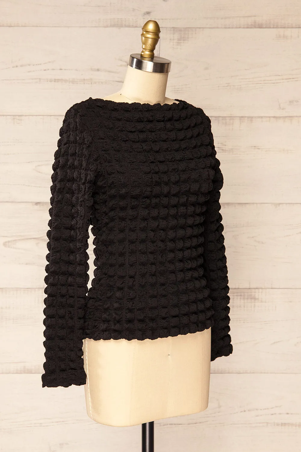 Freada Black | Popcorn Textured Boat-Neck Top