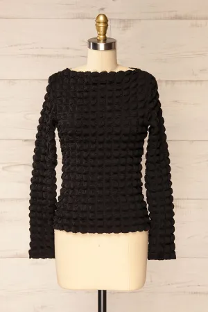 Freada Black | Popcorn Textured Boat-Neck Top
