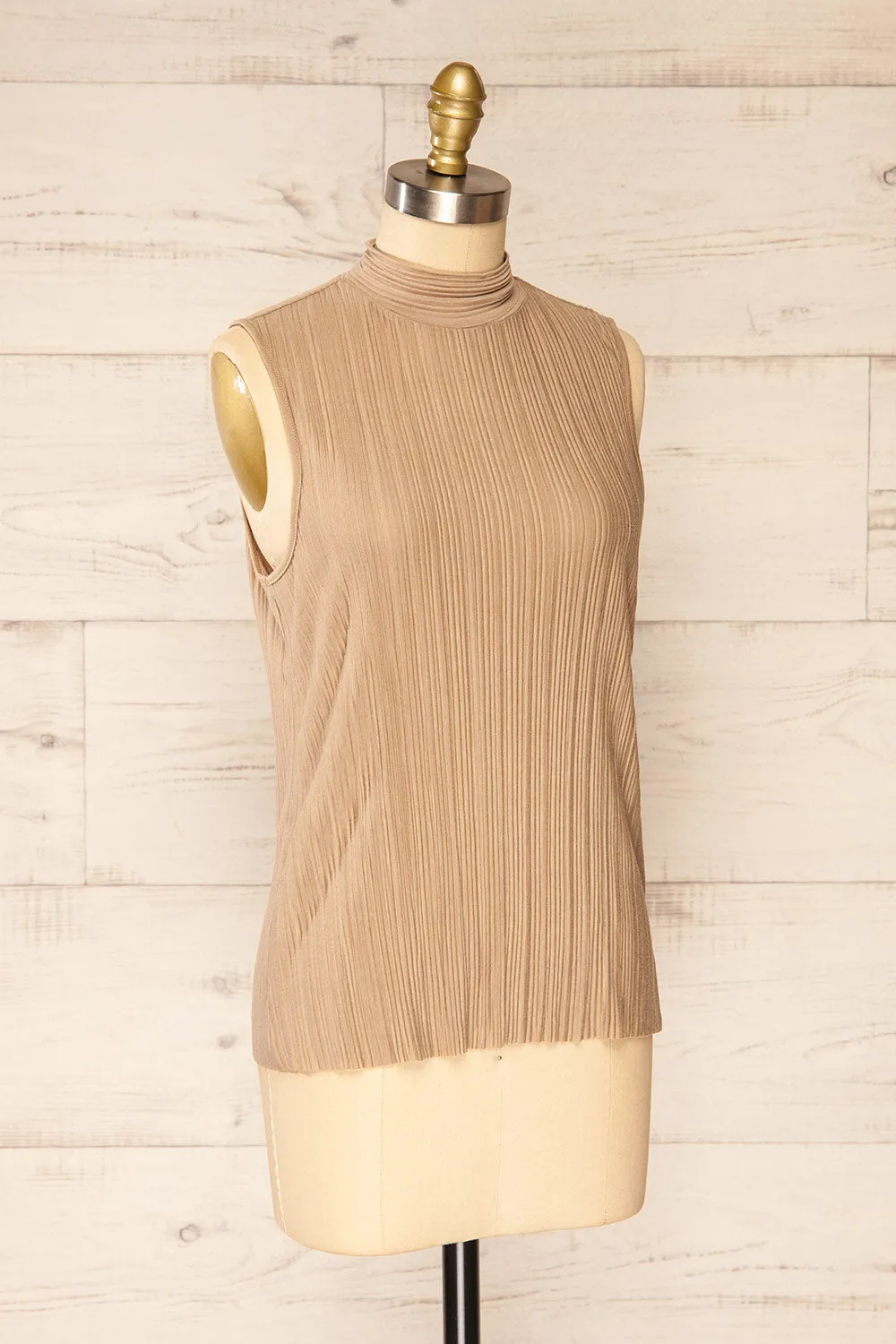 Fuyang Taupe | Sleeveless Pleated Top