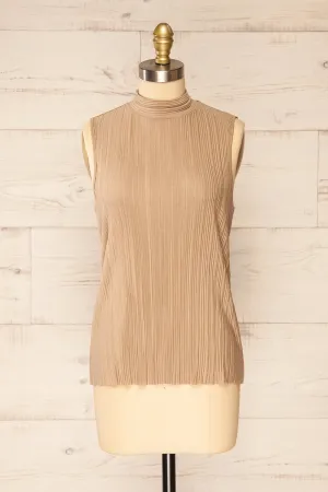Fuyang Taupe | Sleeveless Pleated Top