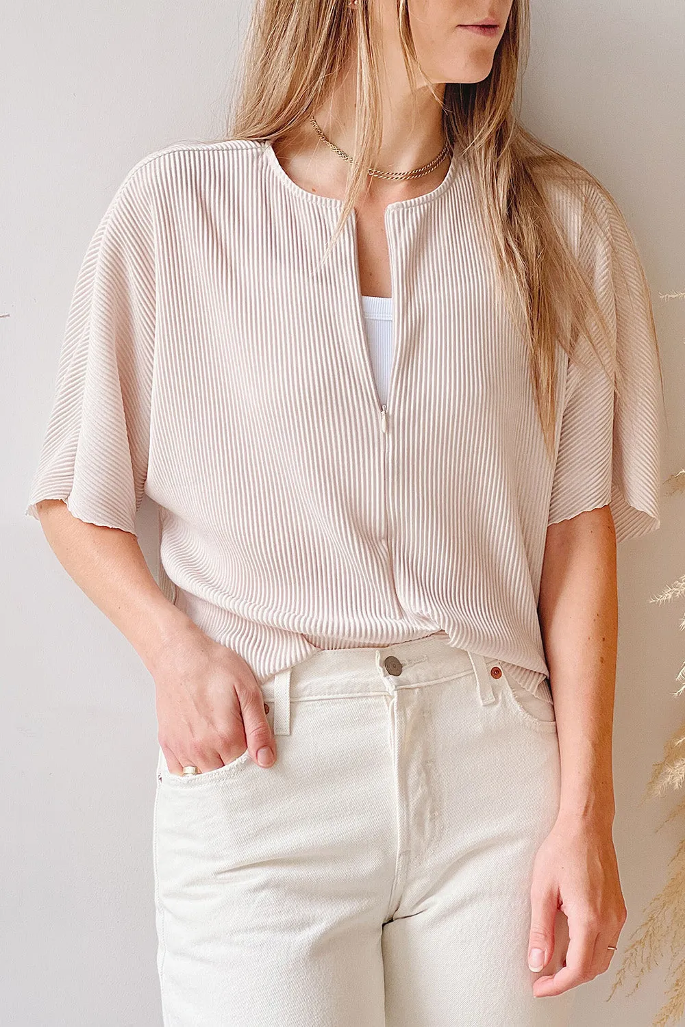Geia Beige | Ribbed Top w/ Zipper Detail