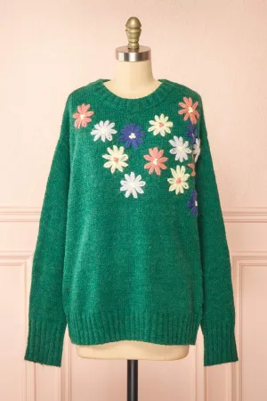 Grozjnat | Green Knit Sweater w/ Floral Embroidery
