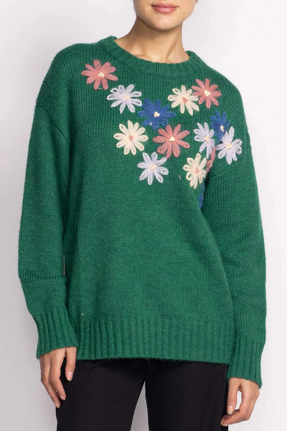 Grozjnat | Green Knit Sweater w/ Floral Embroidery