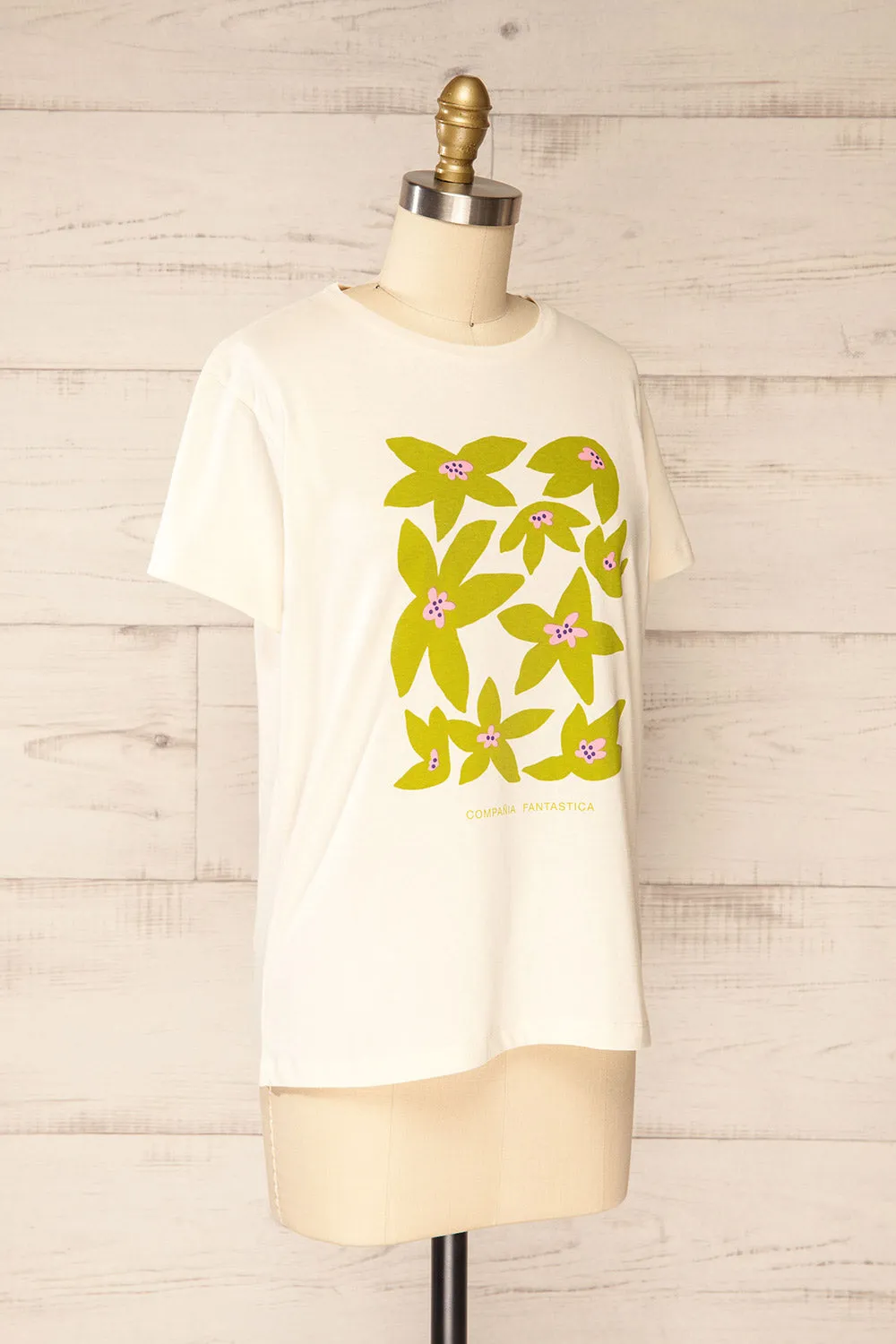 Haworth | Beige T-Shirt w/ Green & Pink Flowers