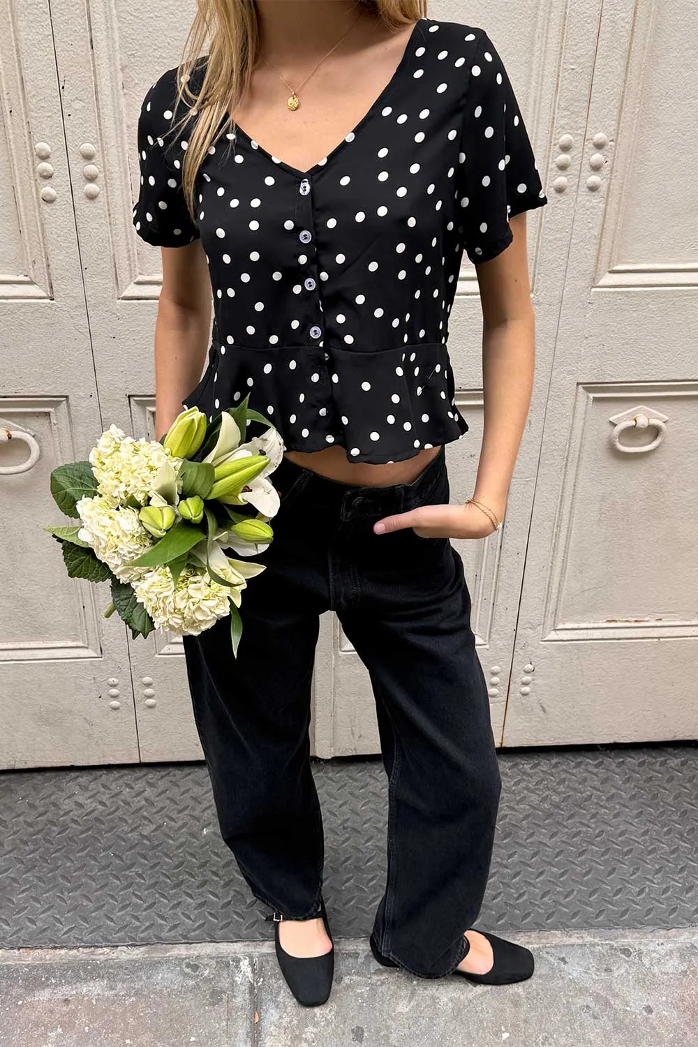 Hazel Black | Cropped Polka Dot Blouse w/ Short Sleeves