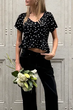 Hazel Black | Cropped Polka Dot Blouse w/ Short Sleeves