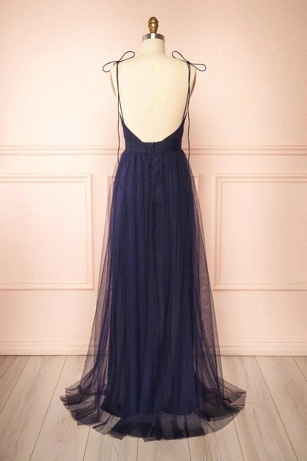 Hyedi Navy | Tulle Gown with Plunging Neckline