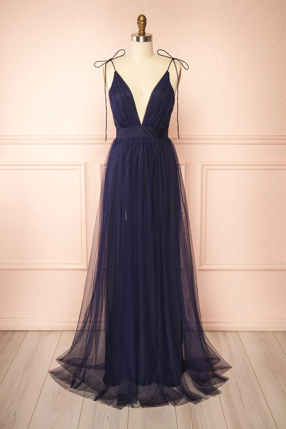 Hyedi Navy | Tulle Gown with Plunging Neckline